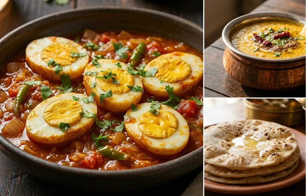 Fried Masala Egg with Dal Fry and Roti