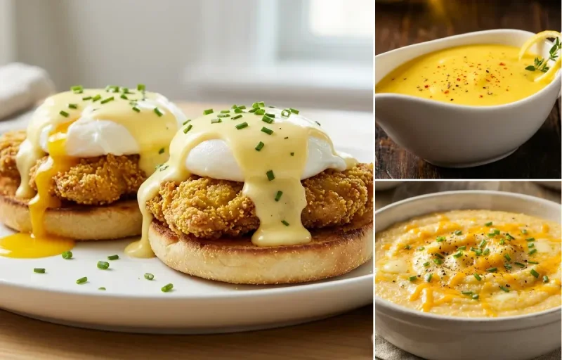 Fried Oyster Benedict with Creole Hollandaise Sauce and Southern Grits