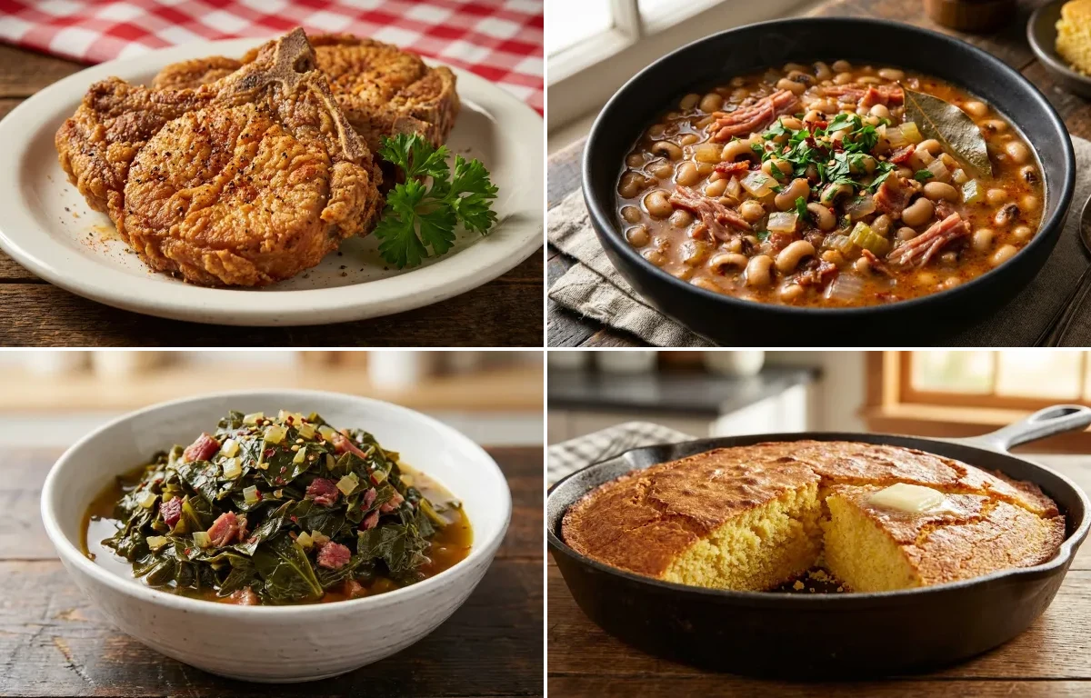 Fried Pork Chops with Black-Eyed Peas, Turnip Greens and Cornbread