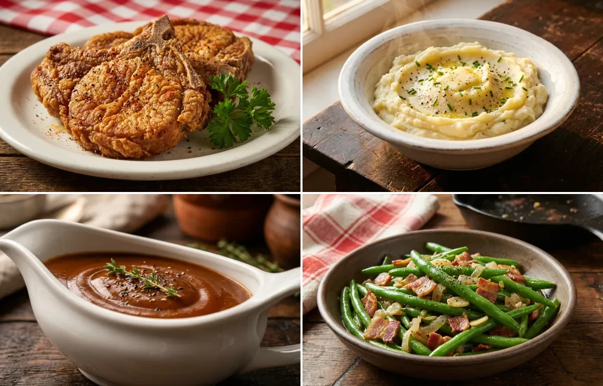 Fried Pork Chops with Mashed Potatoes, Brown Gravy and Sauteed Green Beans with Bacon