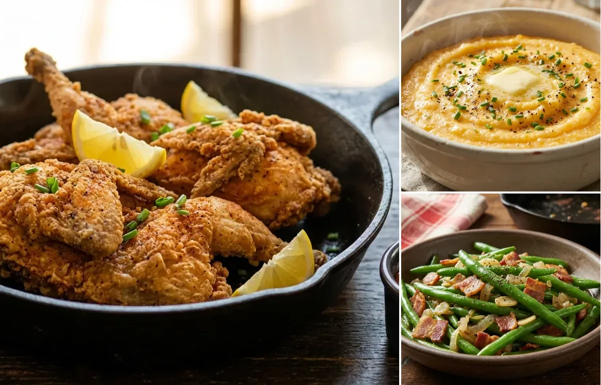 Fried Quail with Cheese Grits and Sauteed Green Beans with Bacon