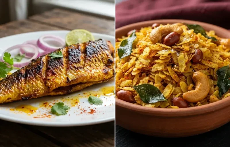 Fried Rohu Fish with Chura Bhujia