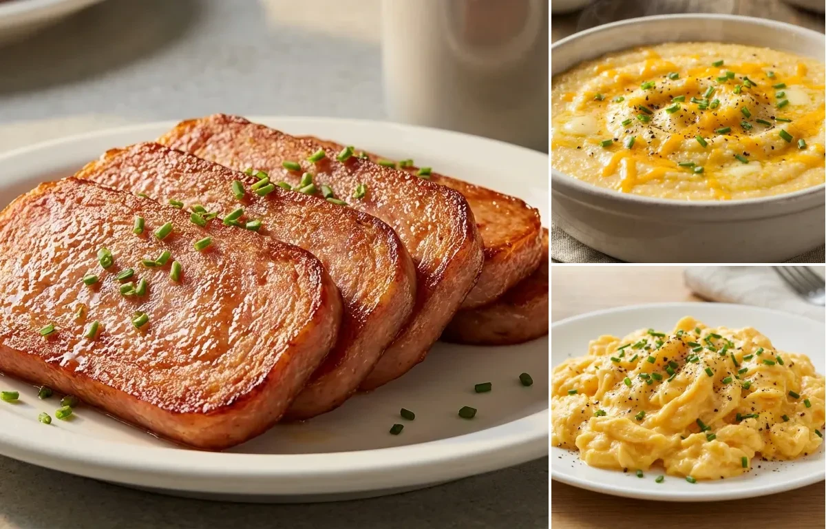 Fried Spam with Southern Grits and Scrambled Eggs