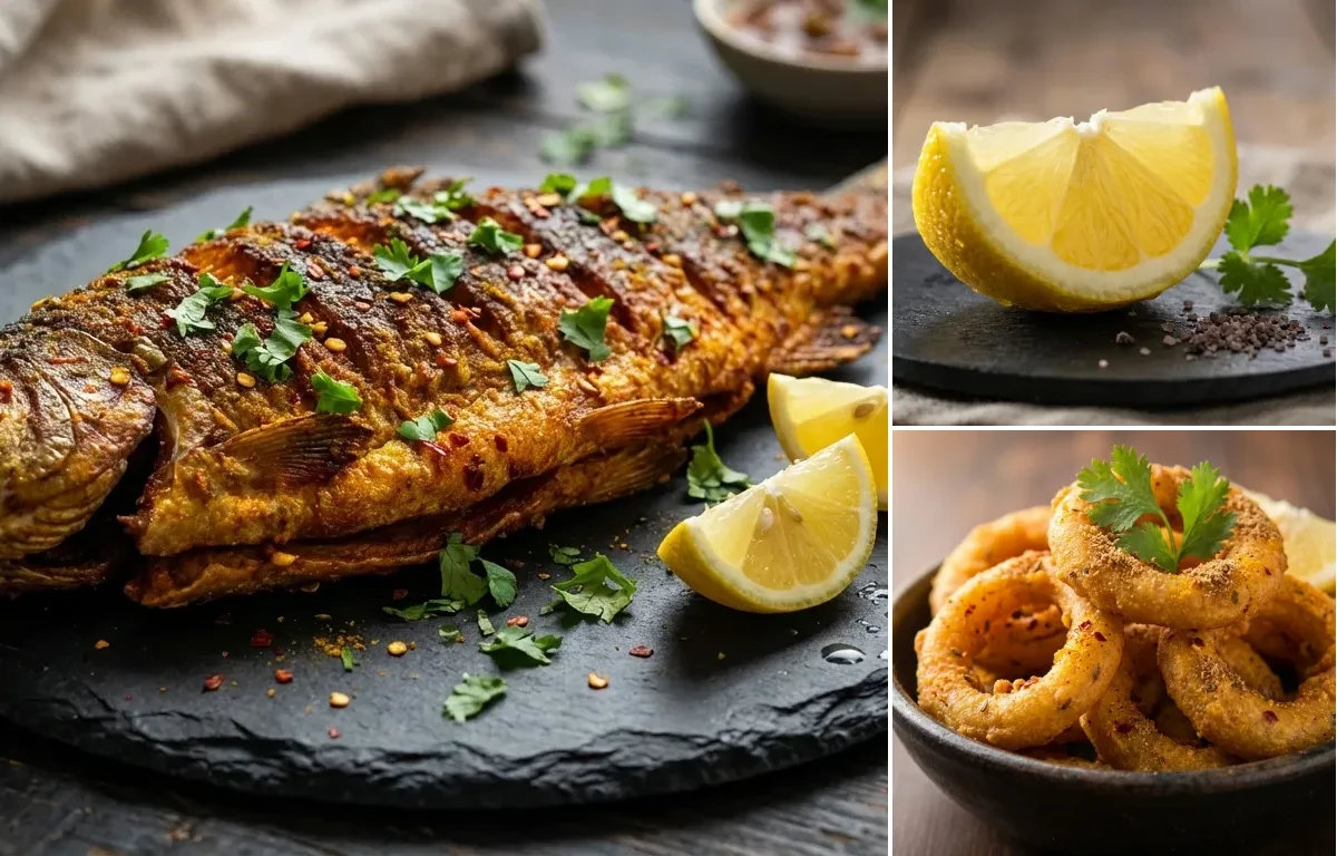 Fried Trout with Lemon Wedge and Indian Onion Rings