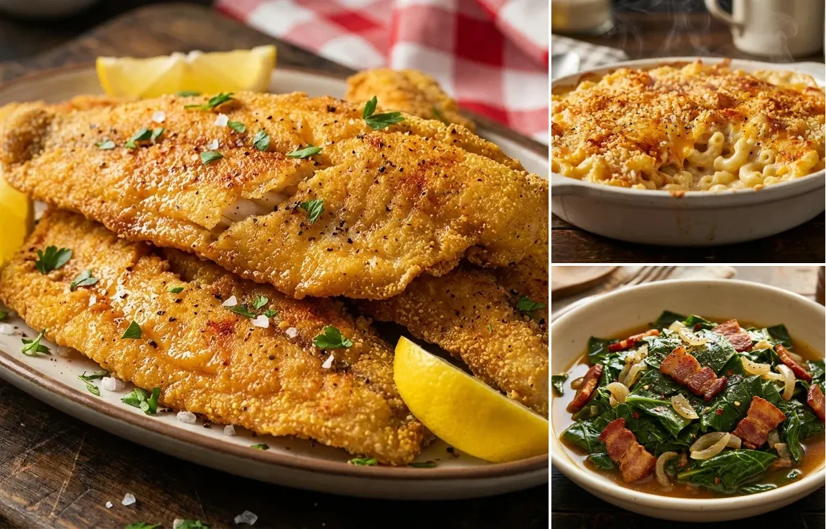 Fried Whiting Fish with Baked Mac and Cheese and Collard Greens
