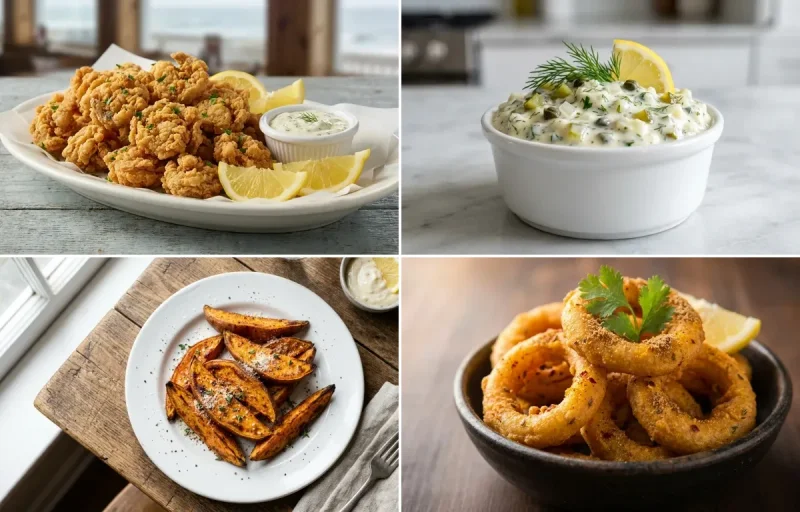 Fried Whole-Belly Clams with Eggless Tartar Sauce, Sweet Potato Wedges and Indian Onion Rings