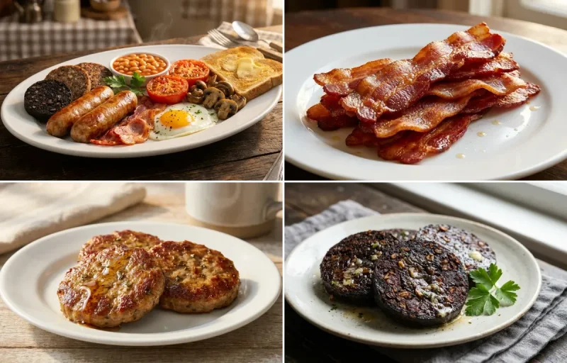 Full Irish Breakfast with Pan-Fried Bacon Rashers, Breakfast Sausage, Black Pudding, White Pudding, Indian Fried Eggs, Grilled Tomatoes and Suji Toast