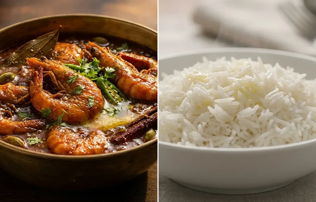 Galda Chingrir Kalia with Steamed Basmati Rice