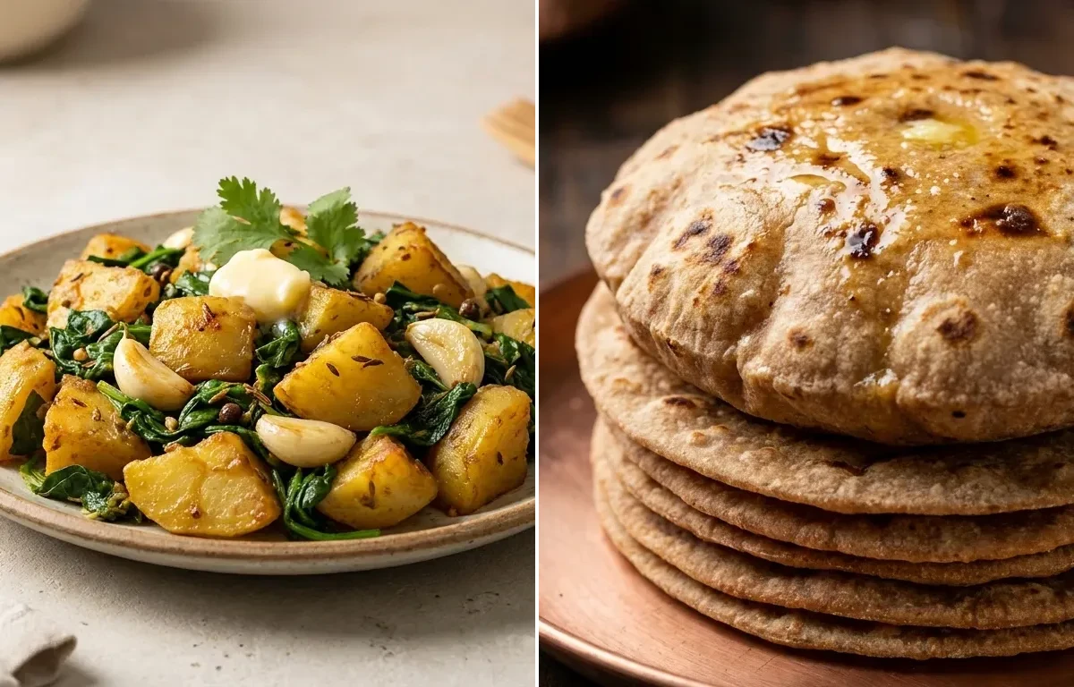 Garlic Aloo Palak Sabzi with Whole Wheat Roti