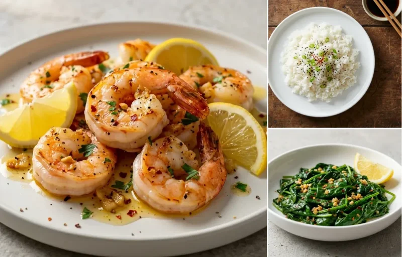 Garlic and Lemon Shrimp with Steamed White Rice and Sauteed Spinach with Garlic