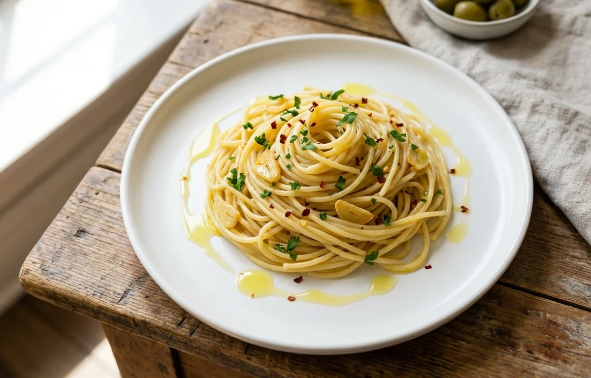 Garlic and Olive Oil Pasta with Sautéed Bell Peppers