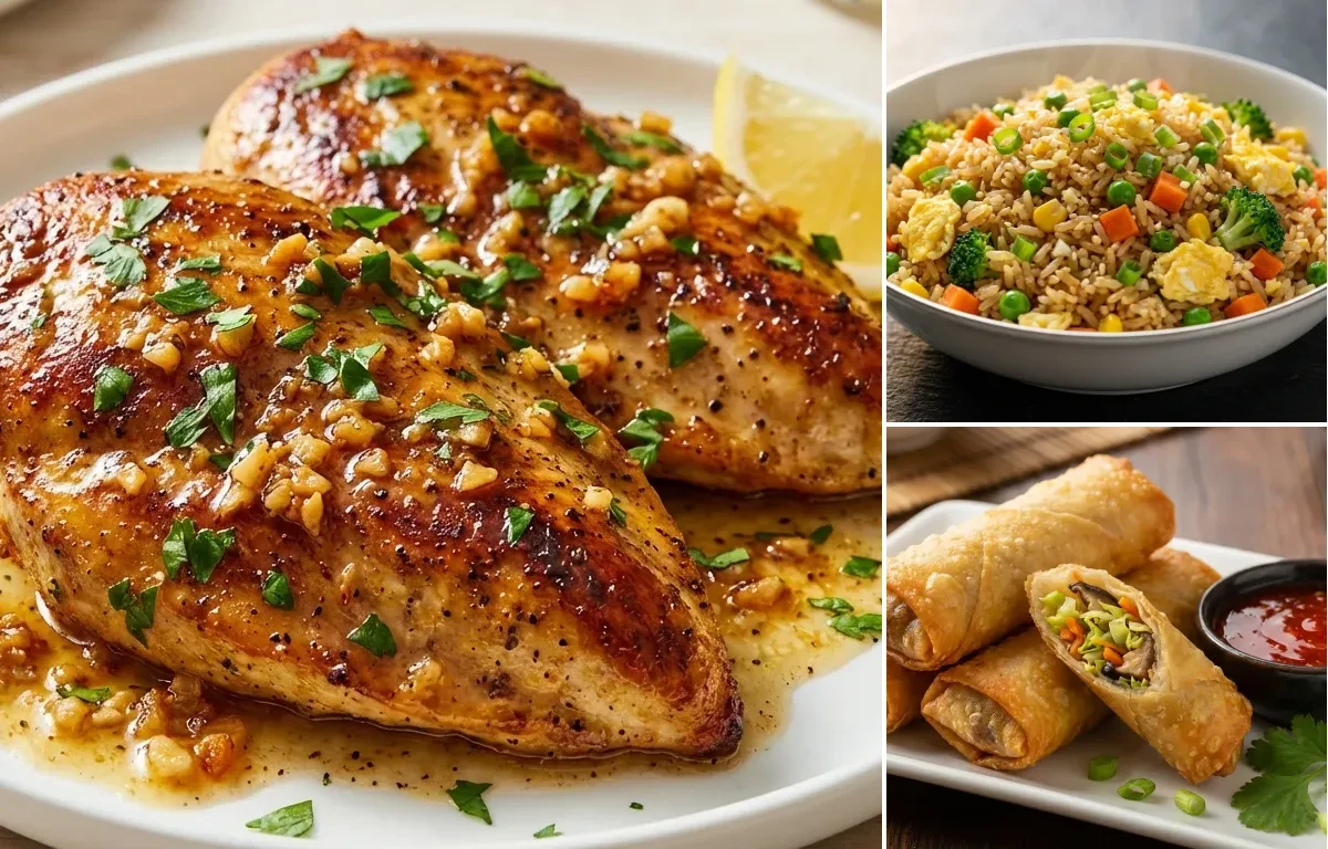 Garlic Chicken with Vegetable Fried Rice and Fried Spring Rolls