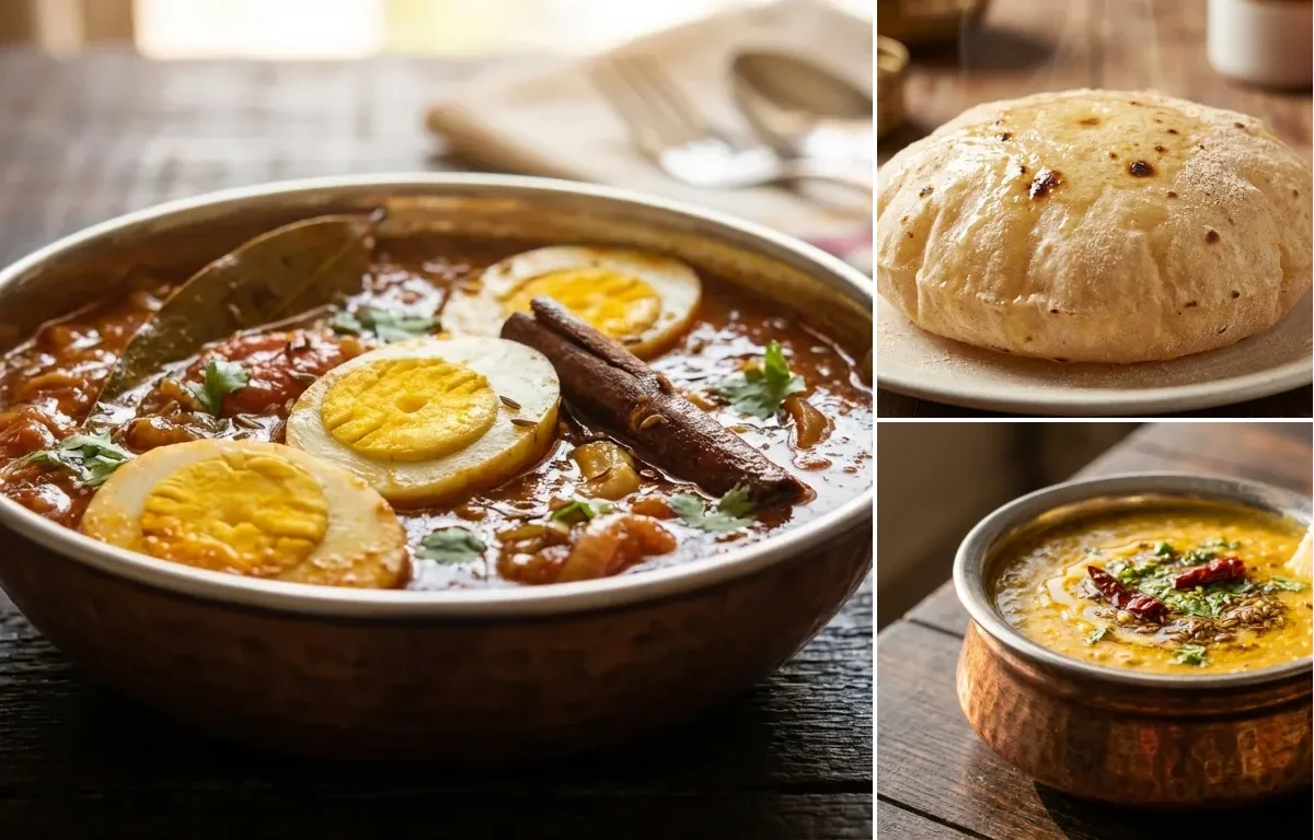 Garlic Egg Curry with Phulka and Dal Fry
