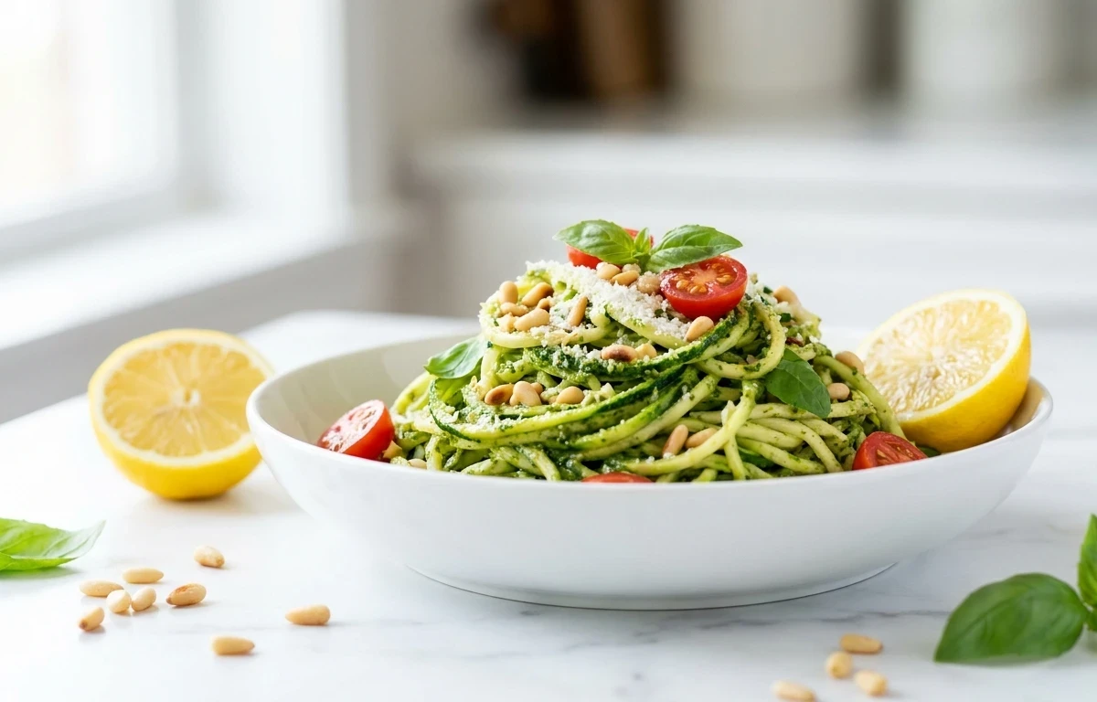 Garlic Sautéed Shrimp with Zucchini Noodles with Keto Pesto