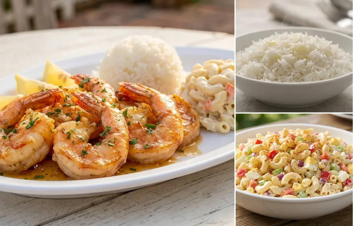 Garlic Shrimp Plate Lunch with Steamed Basmati Rice and Macaroni Salad