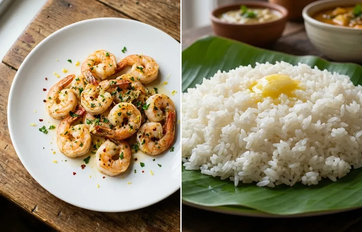 Garlic Shrimp Scampi with Steamed Rice and Garlic Sautéed Greens