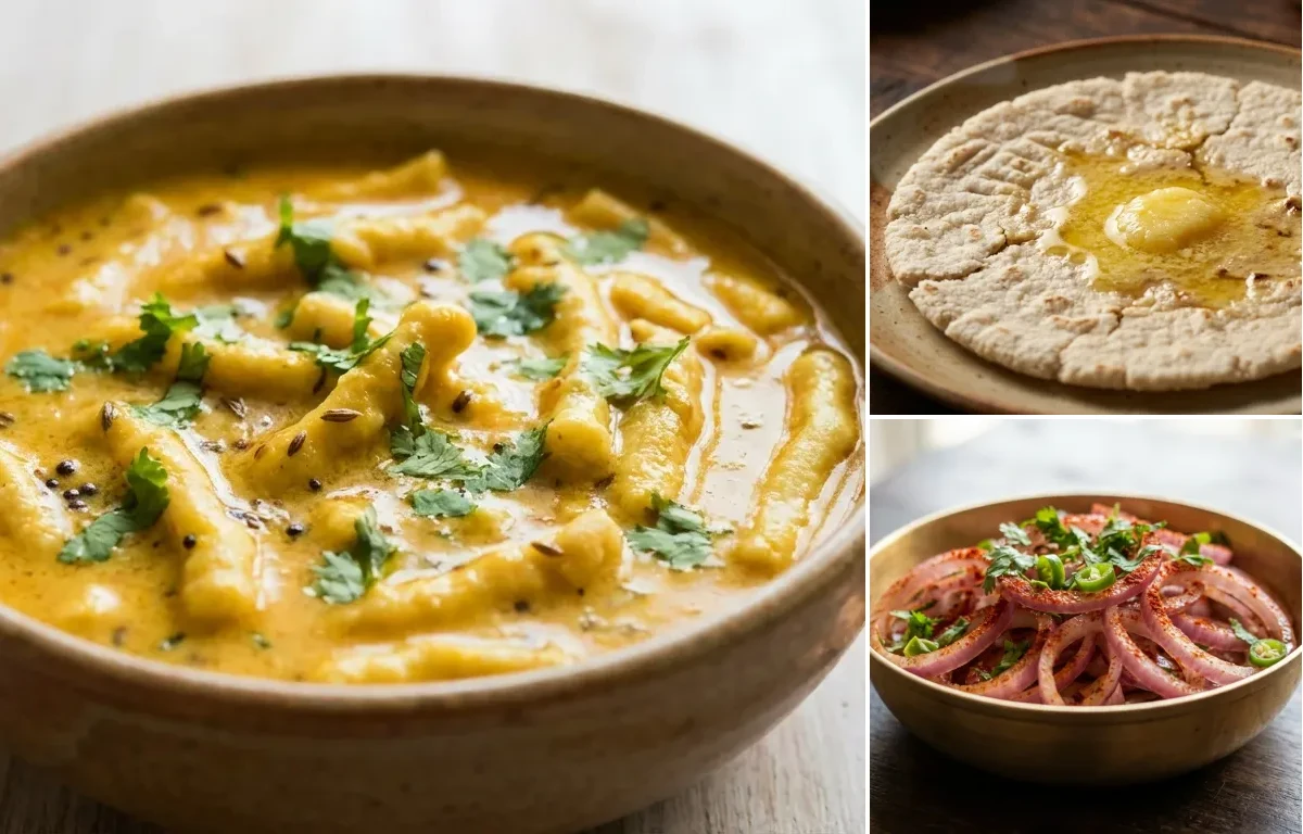 Gathiya nu Shaak with Jowar Bhakri and Onion Salad