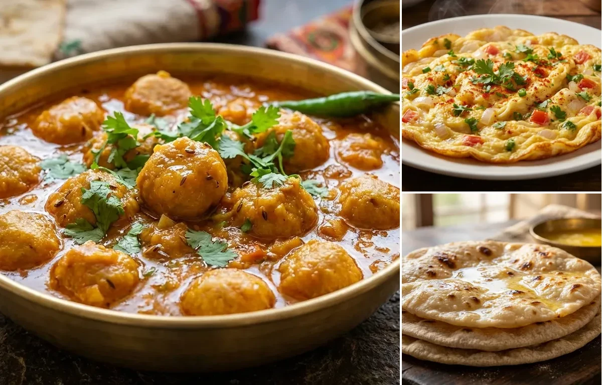 Gatte ki Sabzi with Masala Omelette and Chapati