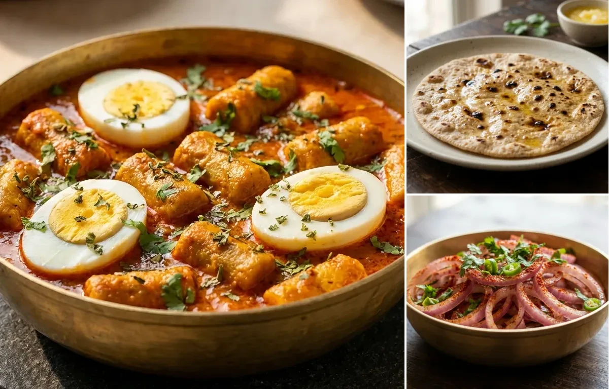 Gatte ki Sabzi with Egg with Gehu Roti and Onion Salad