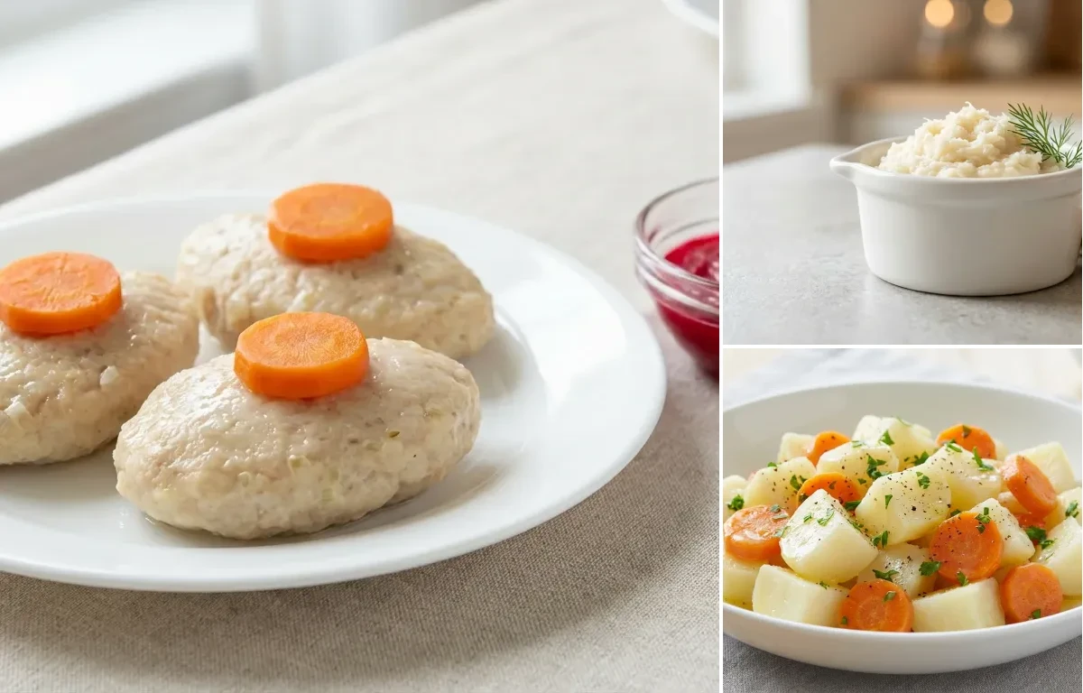 Gefilte Fish with Prepared Horseradish and Boiled Potatoes and Carrots
