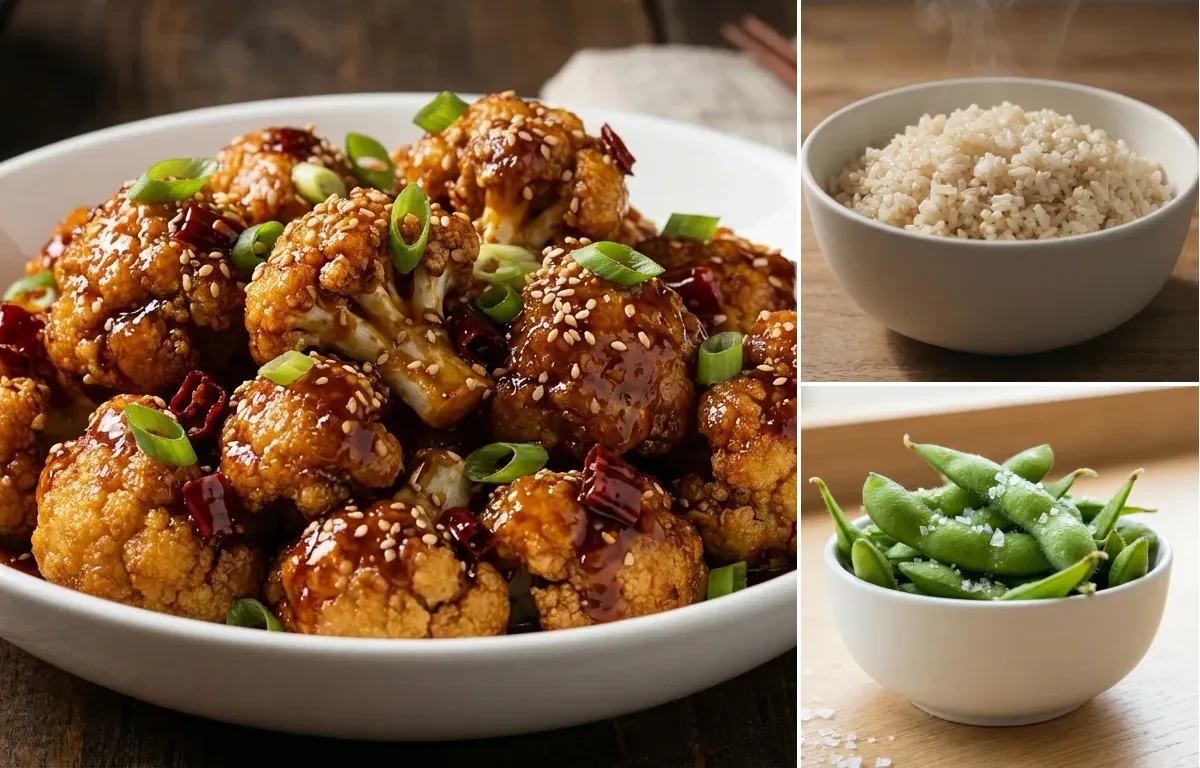 General Tso's Cauliflower with Brown Rice and Steamed Edamame With Sea Salt
