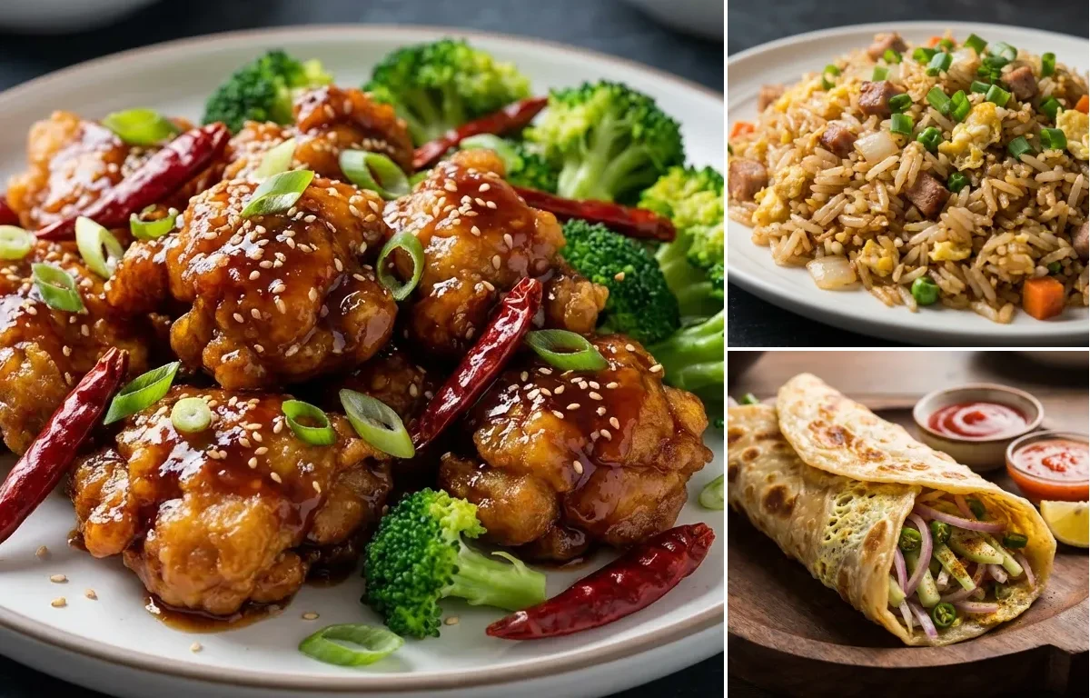 General Tso's Chicken with Pork Fried Rice and Egg Roll