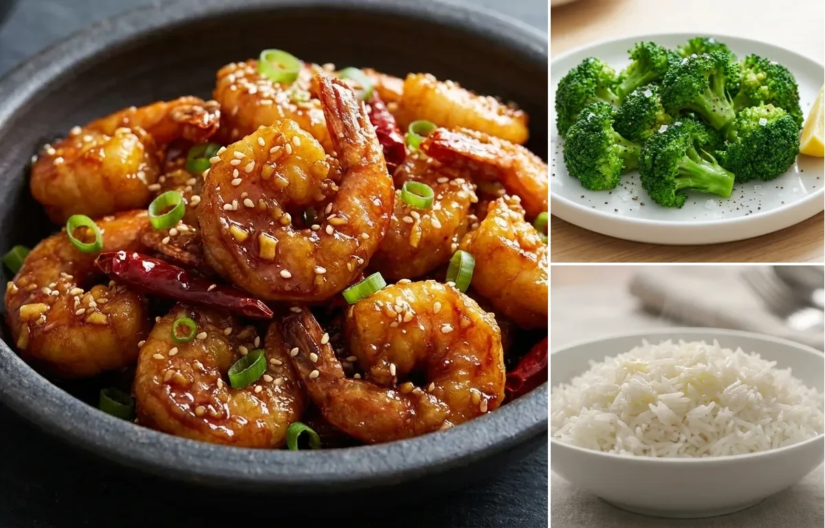 General Tso's Shrimp with Steamed Broccoli and Steamed Basmati Rice