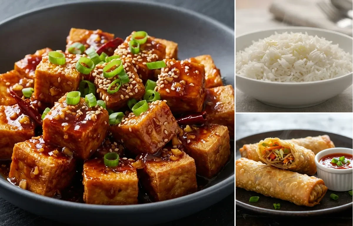 General Tso's Tofu with Steamed Basmati Rice and Vegetable Spring Rolls