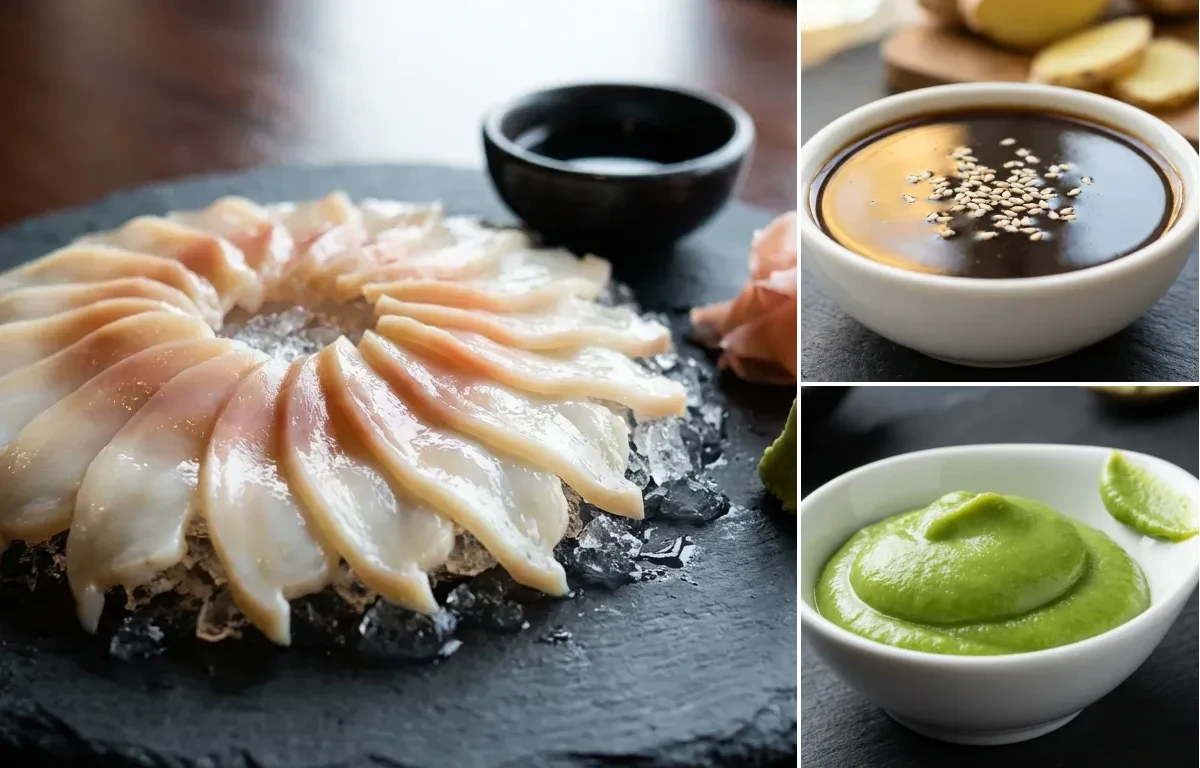 Geoduck Sashimi with Teriyaki Sauce and Wasabi Paste