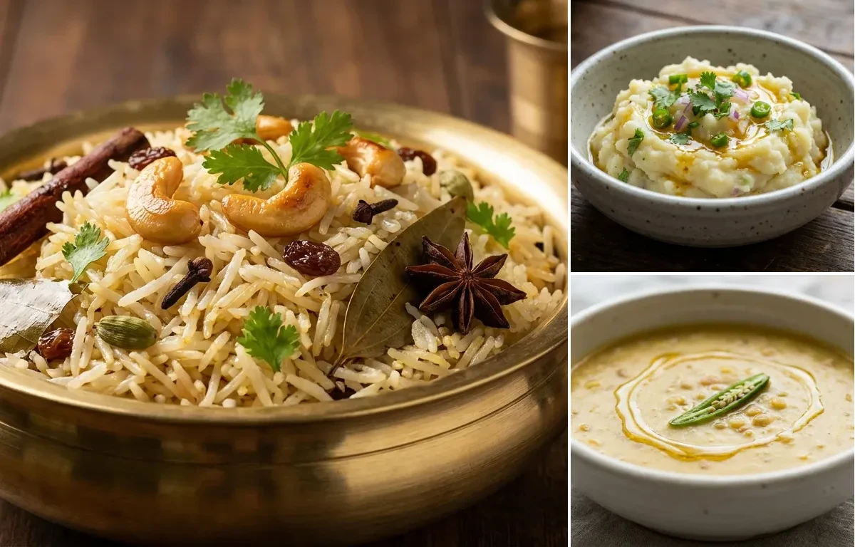Ghee Rice with Aloo Bhate and Dal Seddho