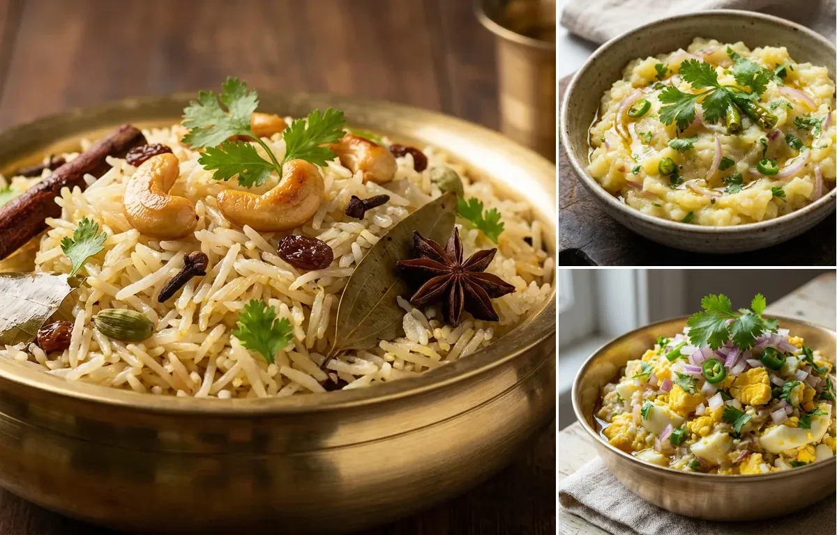 Ghee Rice with Aloo Seddho and Dim Seddho