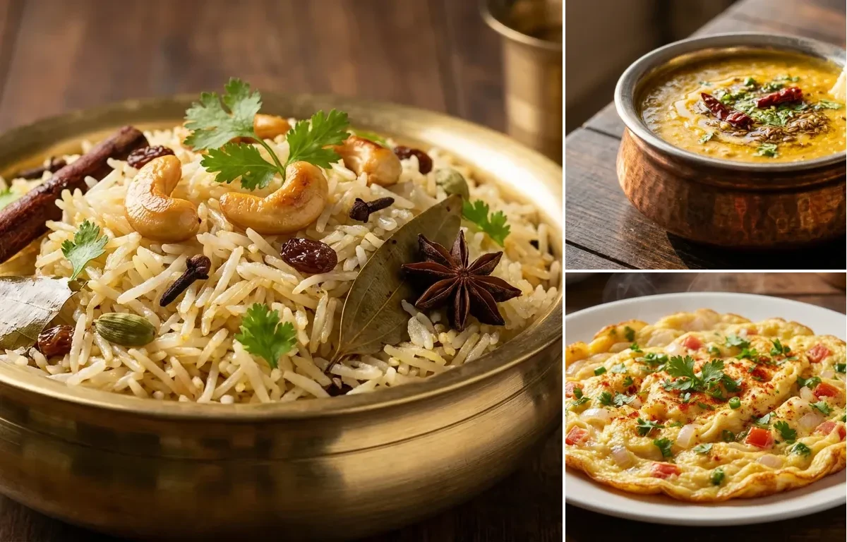 Ghee Rice with Dal Fry and Masala Omelette