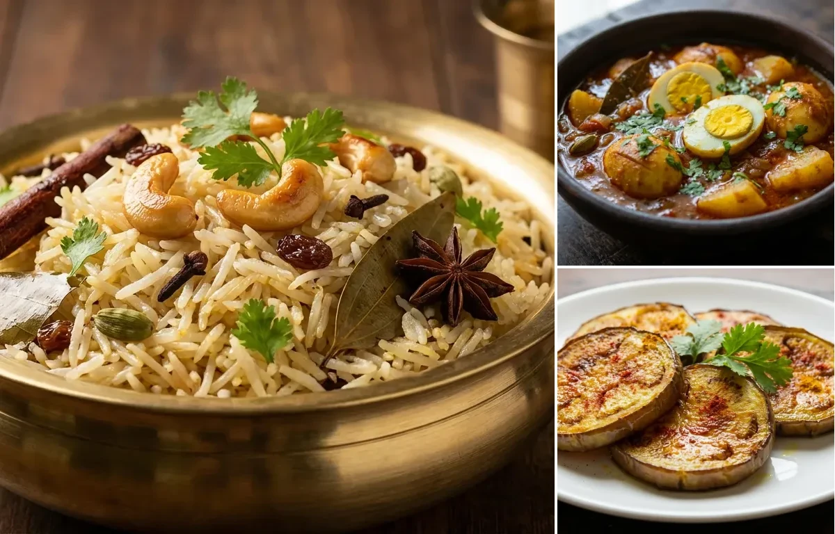 Ghee Rice with Dimer Jhol and Begun Bhaja