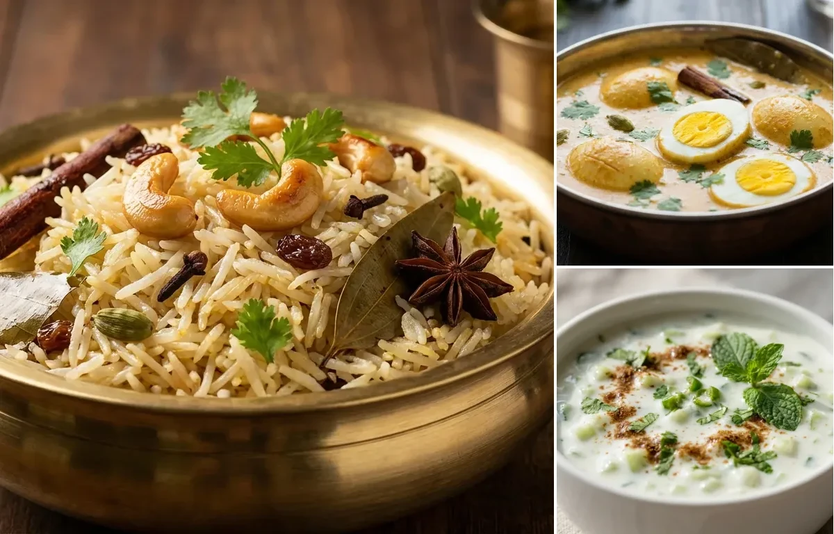 Ghee Rice with Egg Kurma and Cucumber Raita