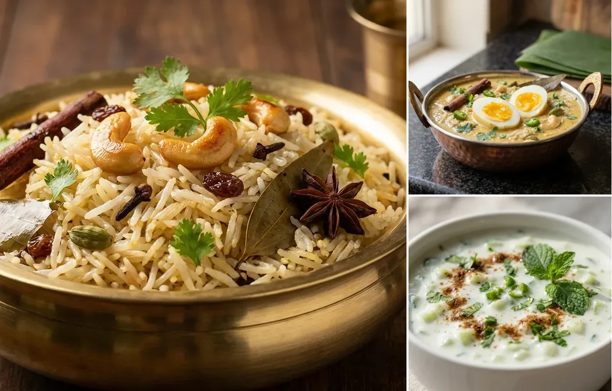 Ghee Rice with Muttai Kurma and Cucumber Raita