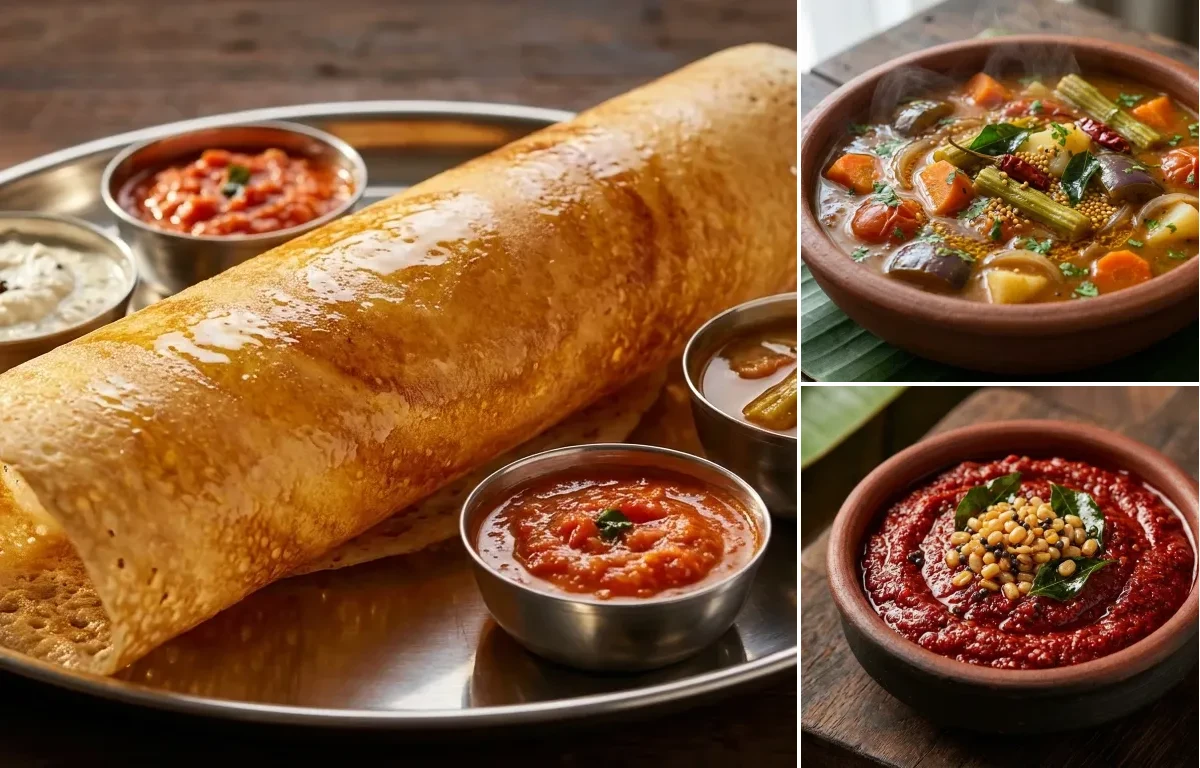 Ghee Roast Dosa with Vegetable Sambar and Red Chili Chutney