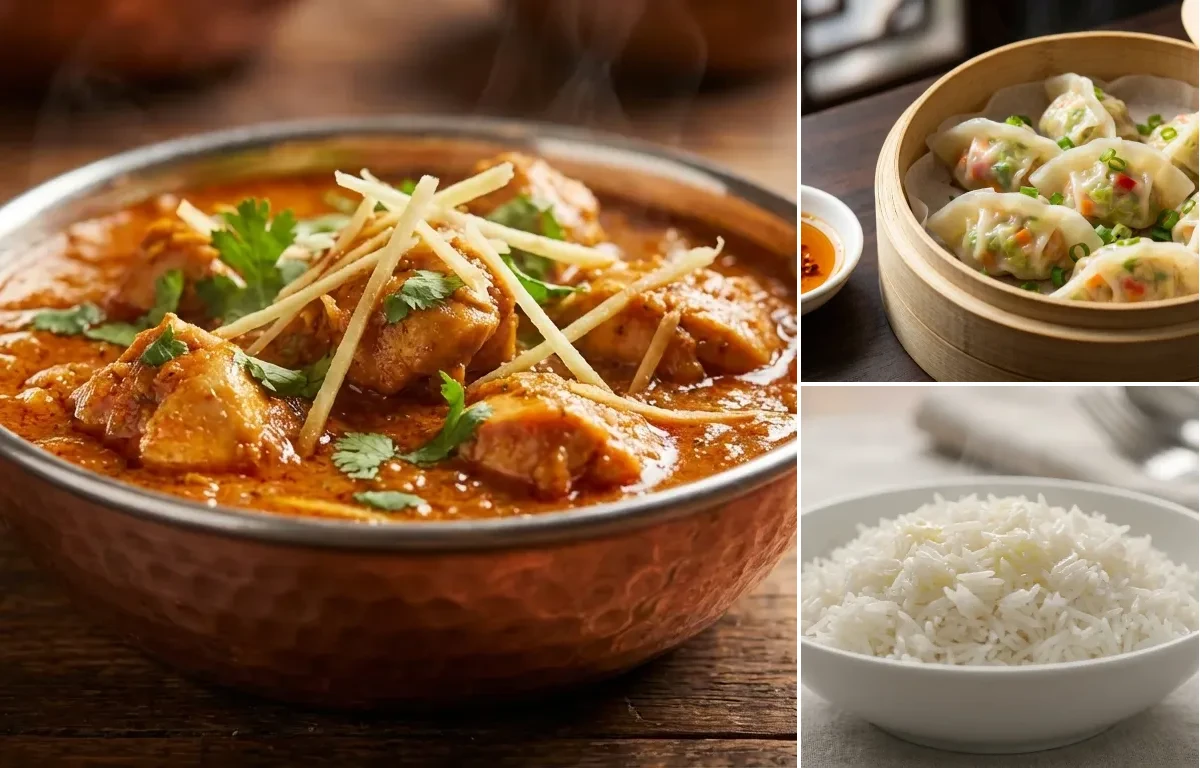 Ginger Chicken with Vegetable Steamed Wontons and Steamed Basmati Rice
