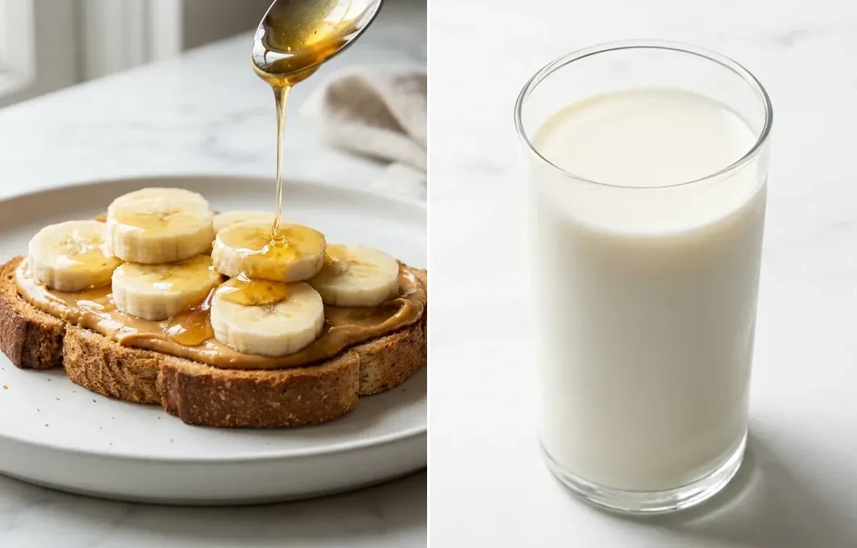 Glass of Milk with Peanut Butter and Banana Sandwich