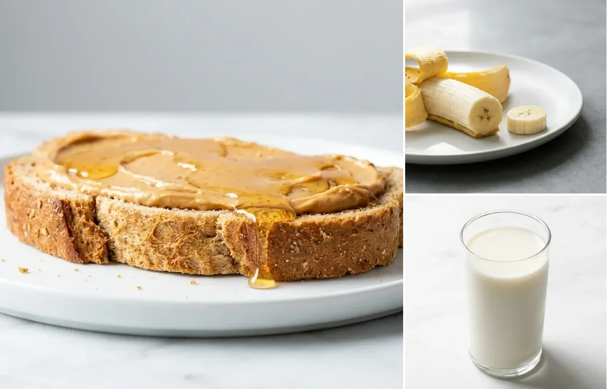 Glass of Milk with Peanut Butter on Whole Grain Bread
