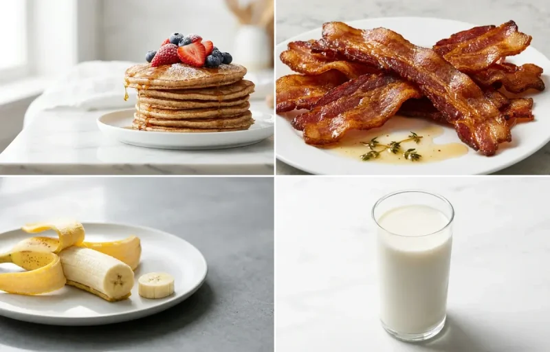 Glass of Milk with Whole Wheat Pancakes with Bacon