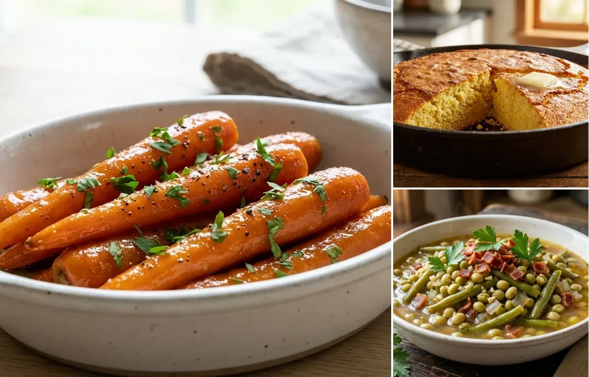 Glazed Carrots with Cornbread and Field Peas with Snaps