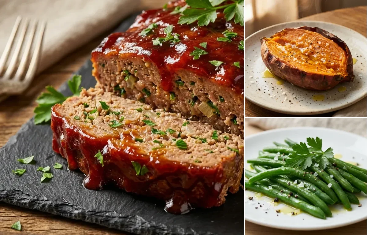 Glazed Meatloaf with Baked Sweet Potato and Steamed Green Beans