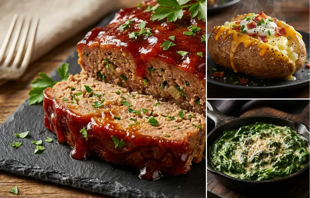 Glazed Meatloaf with Loaded Baked Potato and Creamed Spinach