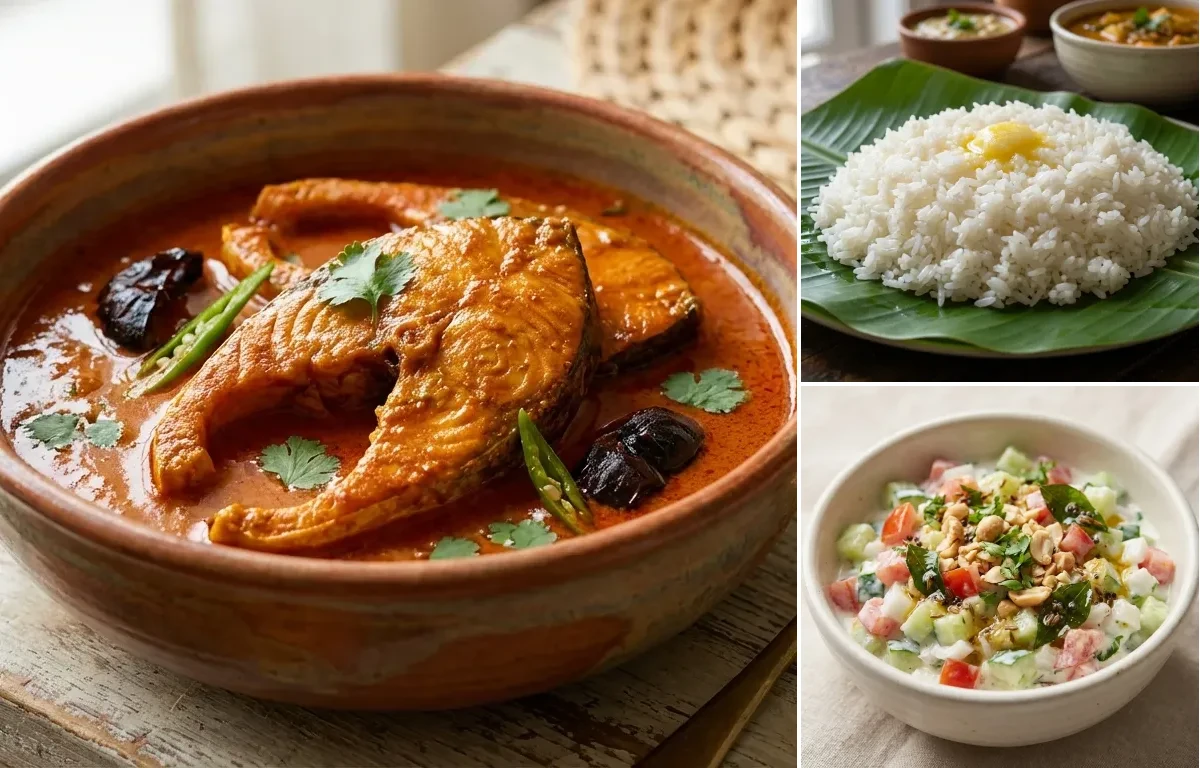Goan Fish Curry with Steamed Rice and Koshimbir