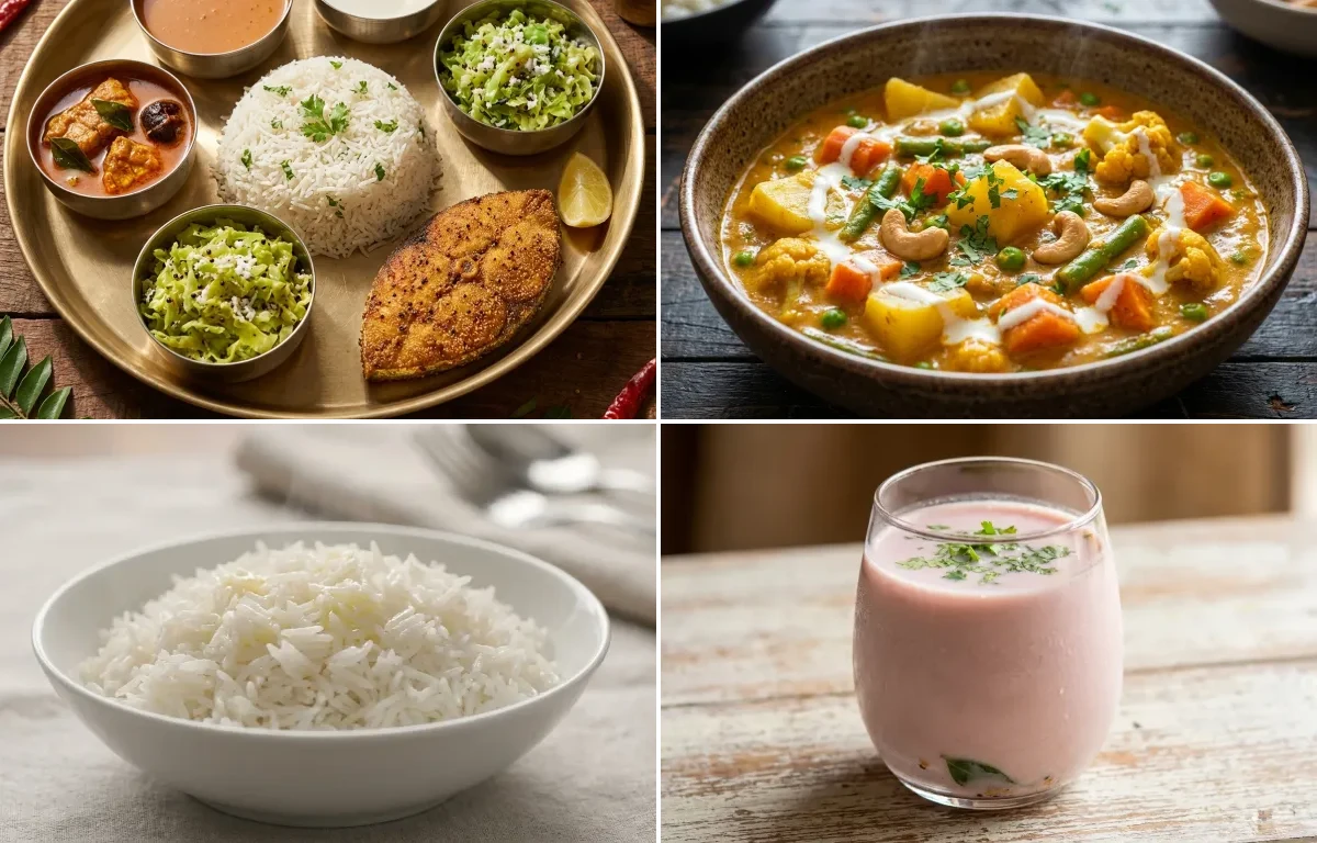 Goan Fish Thali with Vegetable Curry, Steamed Basmati Rice and Sol Kadhi