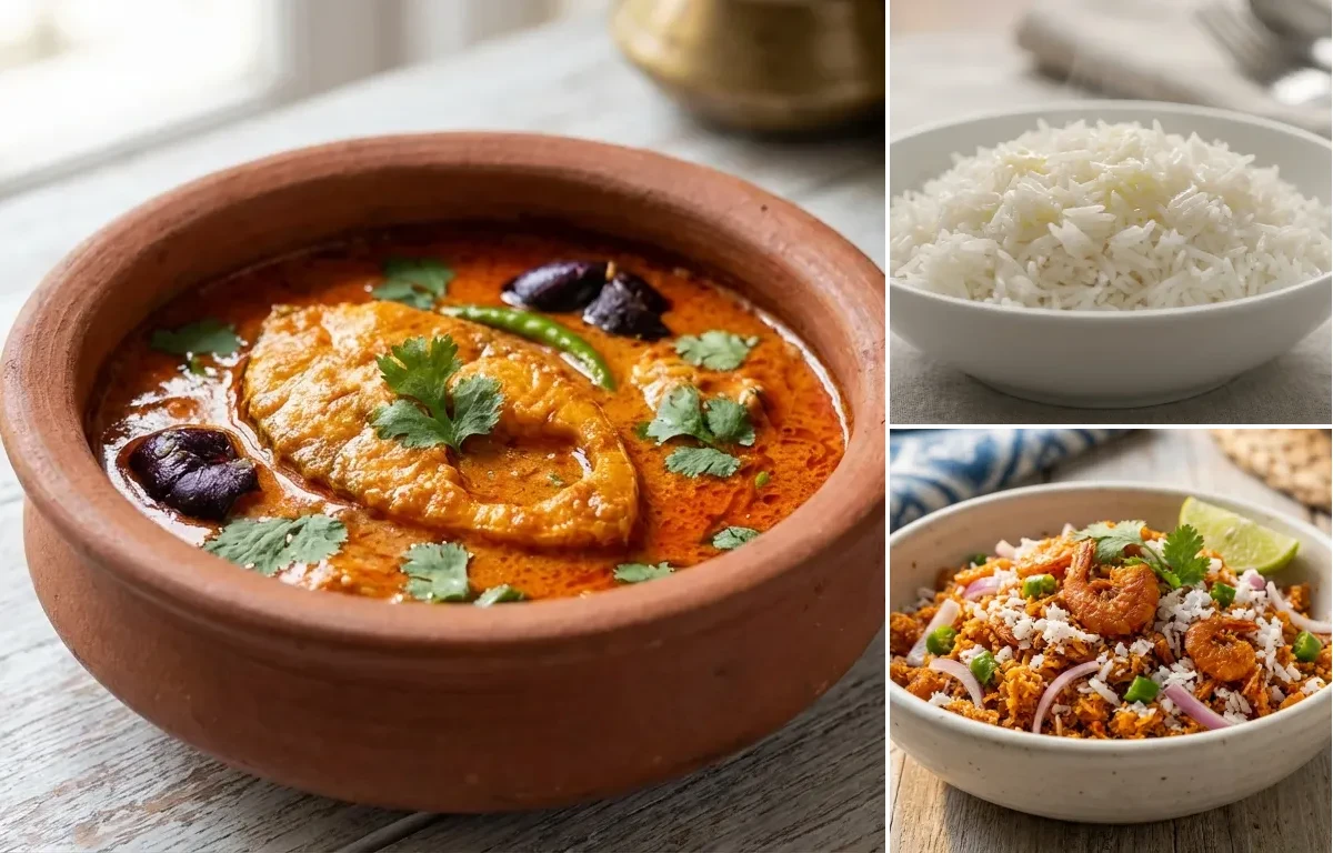 Goan Kingfish Curry with Steamed Basmati Rice and Goan Prawn Kismoor