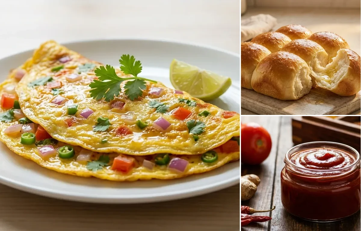Goan Masala Omelette with Ladi Pav and Tomato Ketchup