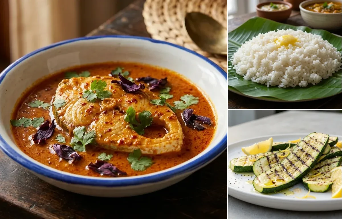Goan Pomfret Curry with Steamed White Rice with Grilled Zucchini