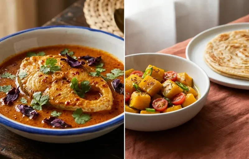 Goan Pomfret Curry with Steamed White Rice with Kaddu Sabzi With Paratha