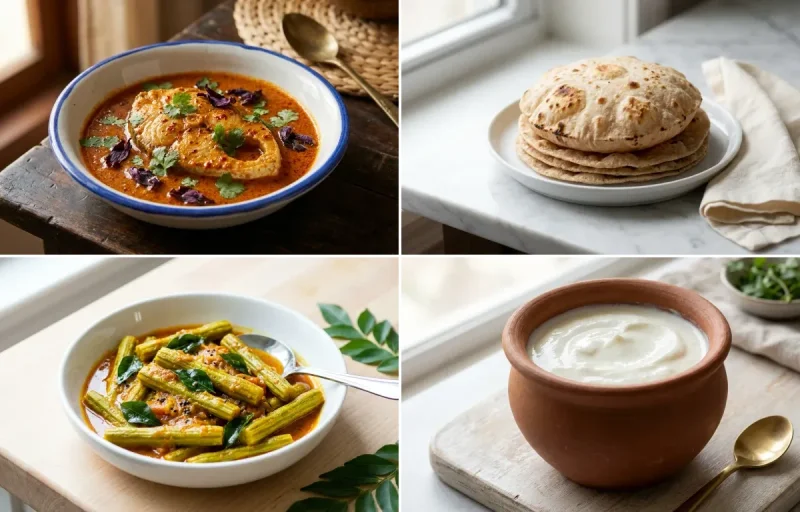 Goan Pomfret Curry with Steamed White Rice with Whole-Wheat Phulka with Drumstick Sabzi with Curd